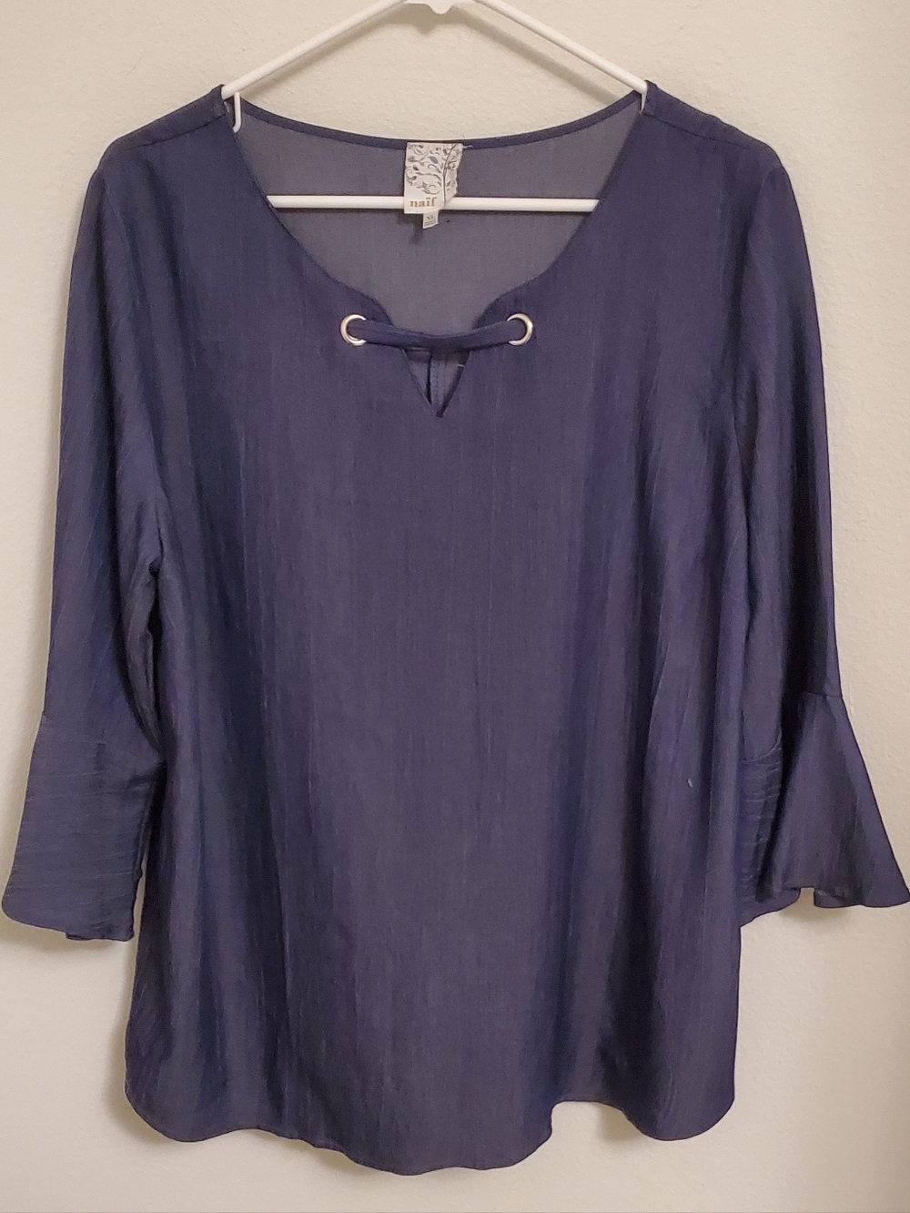 Naif Blue Grommet Tie Tunic Top Blouse Flutter Sleeves Chic Spring Summer Resort